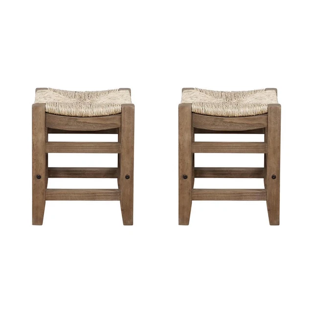 Newport Set of Two 18"H Wood Stools with Rush Seats