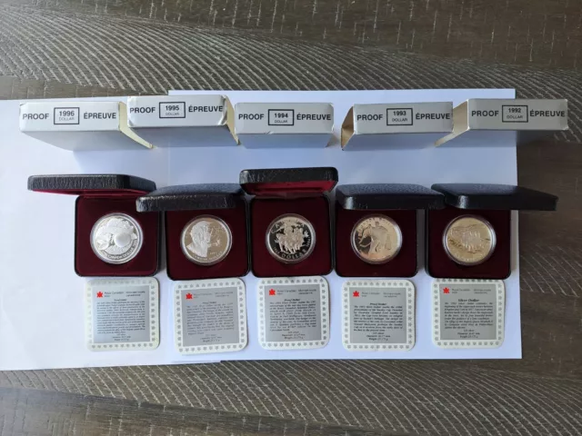 1992,93,94,95,96 Canadian Dollar Proof, Silver Coin Set With Boxes