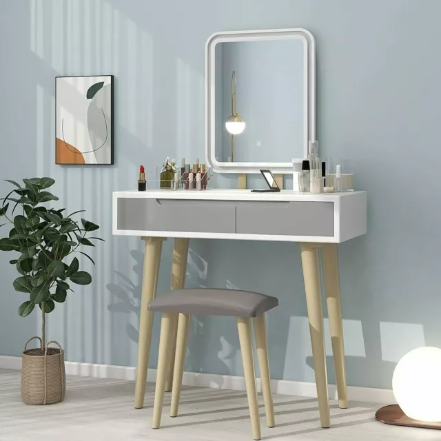 LED Mirror Dressing Table Makeup Vanity Stool Set Wooden Desk Dresser w/2 Drawer