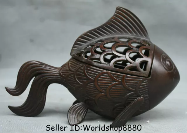 7.8" Rare Old China Bronze Dynasty Fish Goldfish Statue Incense Burner Censer