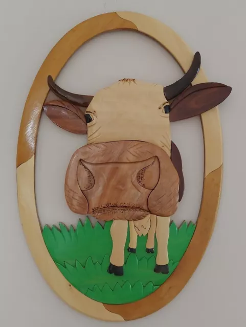 Oval Carved Wooden Wall Hanging Plaque Of A Cow On Grass. Used In Very Good Cond