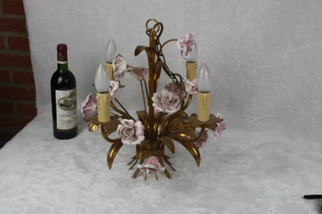 Vintage french metal gold gilt 1970 pink porcelain roses  chandelier lamp 2