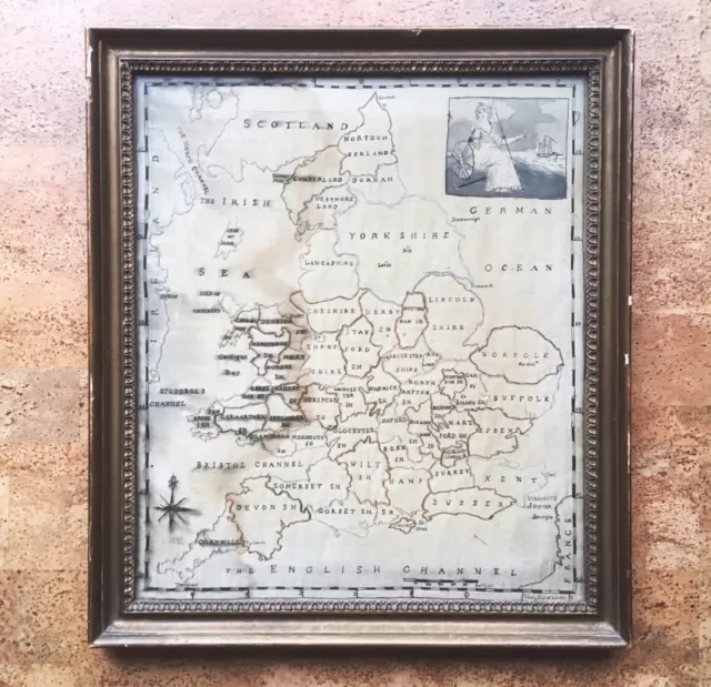 Large Antique Silk Needlepoint Map of England, Early 19th C. Embroidery Sampler