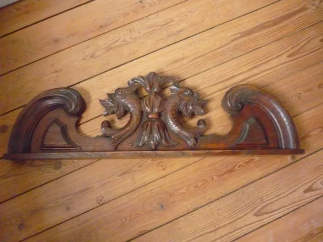 Antique French Wood Carved Oak Gotic Dragon Pediment Architectural