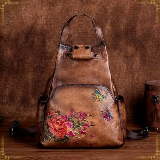 Women GENUINE LEATHER Floral Embossed Crossbody Backpack Luxury Designer Bag