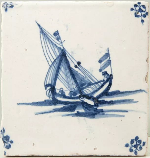 Nice Dutch Delft Blue tile, sailboat, late 17th century.