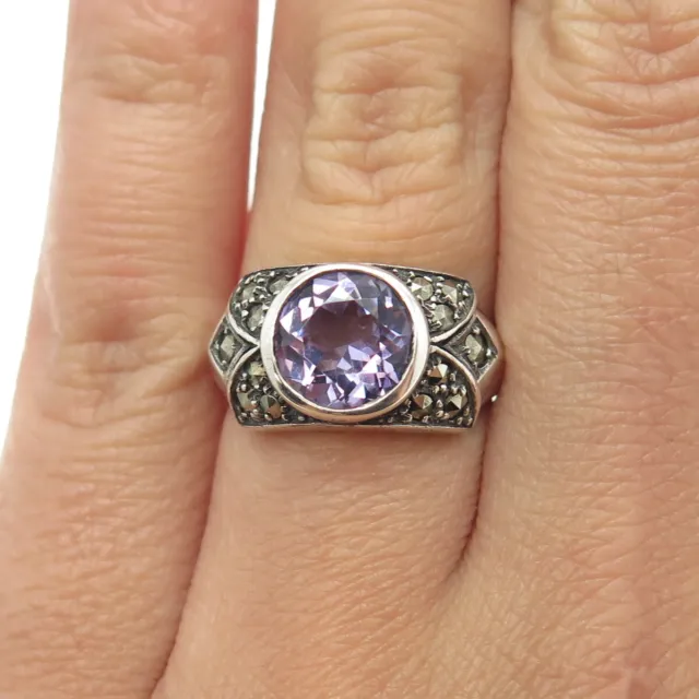 925 Sterling Silver Vintage Real Amethyst & Marcasite Art Deco Style Ring Size 6