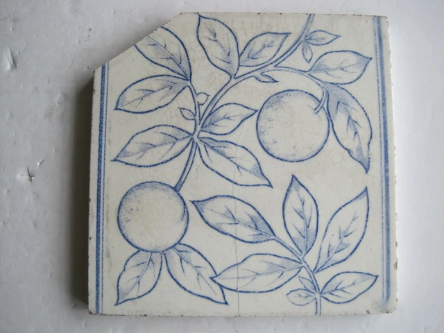 Antique Victorian Malkin Blue / White Transfer Print Tile - Oranges C1870-1900