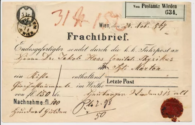 ÖSTERREICH 1867 FRACHTBRIEF, 5kr Stempelmarke mit WIEDEN/IN WIEN Stempel.