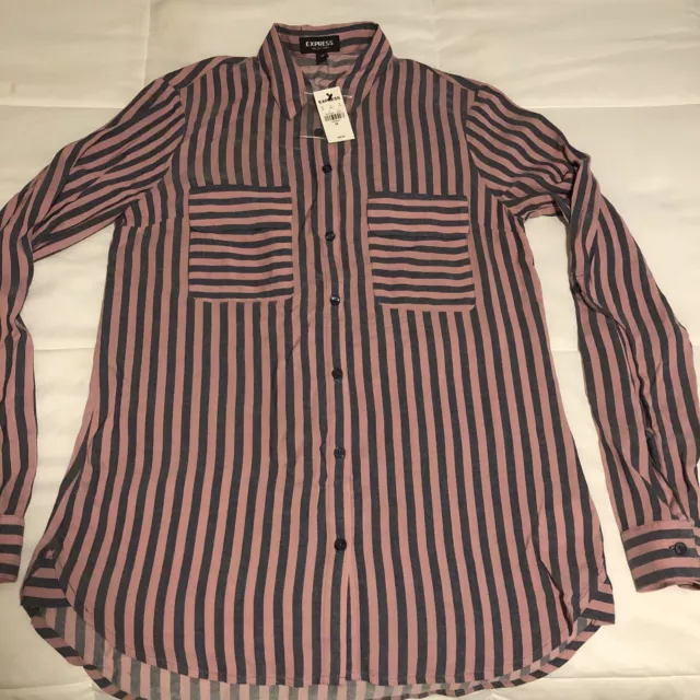 Express Womens Top Pink Black Size XS The City Shirt Striped Roll Tab Sleeve NWT