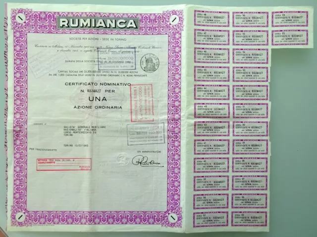 1 Azione Da 1000 Lire Rumianca Torino Certificato Nominativo 15/02/1965 Bb