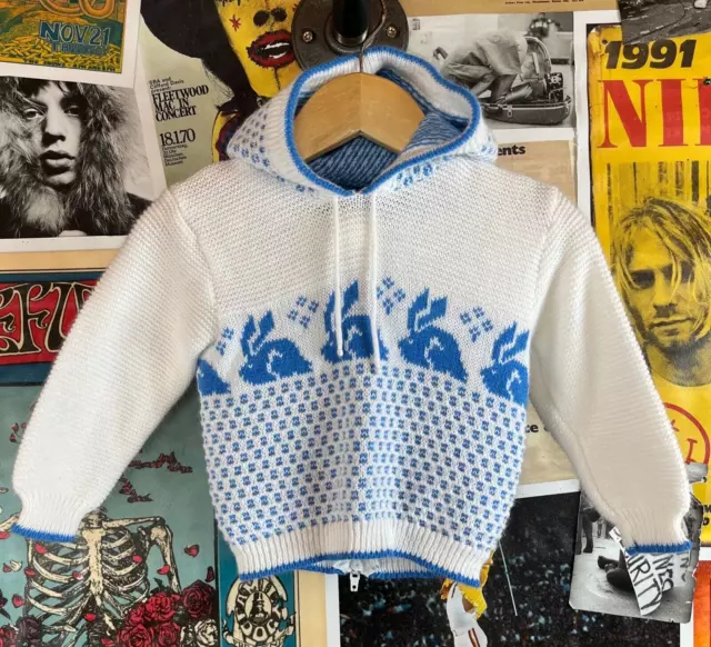 70s VTG Baby Boy Girl White Blue Knit Bunny Hooded Health-tex Sweater 3-6 Months