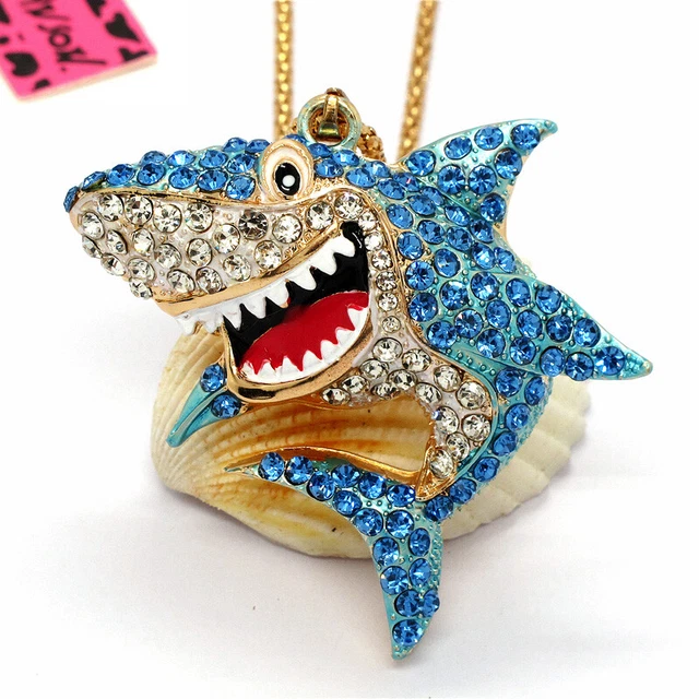 Hot Enamel Blue Crystal Cartoon Shark Betsey Johnson Pendant Sweater Necklace