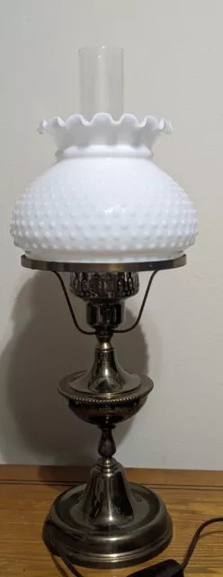 Vtg Hurricane Electrical Lamp Milk Glass Shade Hobnail Bronze Metal Base 21" H