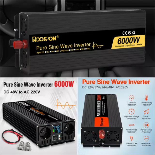 6000W Power Inverter DC 12V to AC 220V Battery Charger Transformer LCD Converter