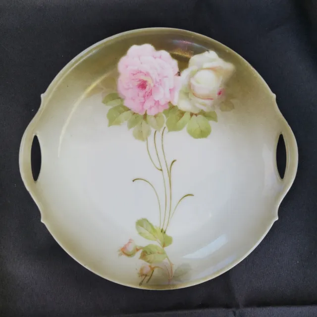 Bavarian Hand Painted Handled Cake Plate green wi Large Pink and White Roses 9"
