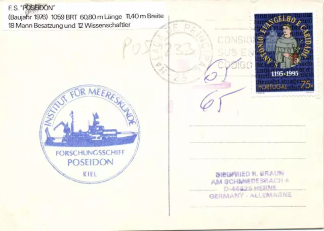 Germany Oceanography postcard cachet F.S. Poseidon Kiel cancel Malaga 21.10.97