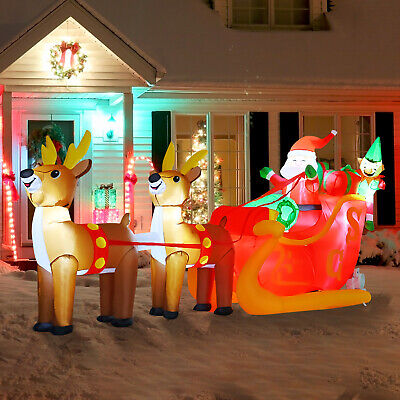 Lighted Inflatable Christmas Decoration 10 FT Long Santa Claus Sleigh & Reindeer