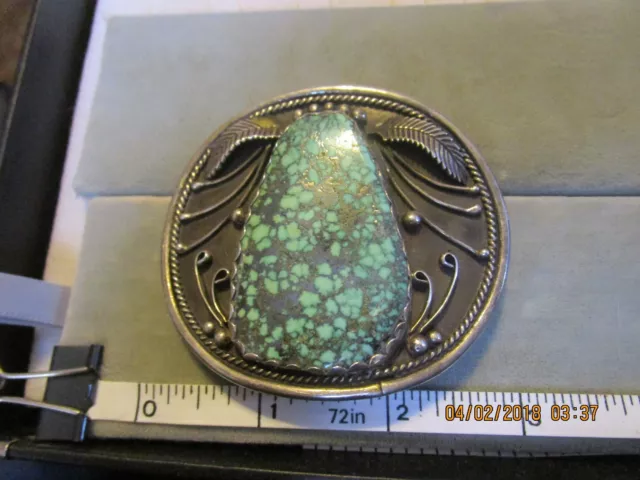 impressive Old dead Pawn Signed Sterling Silver spiderweb Turquoise Belt Buckle