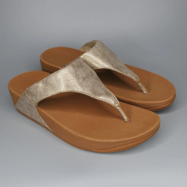 FITFLOP  Lulu Thong Slide Snake Print Gold Metallic Wedge Sandals Sz 8 EUC