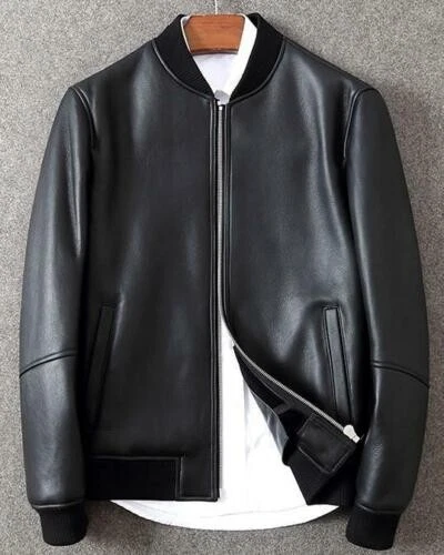 Black Leather Jacket Men Flight/Bomber Pure leather Size S M L XL XXL Customize