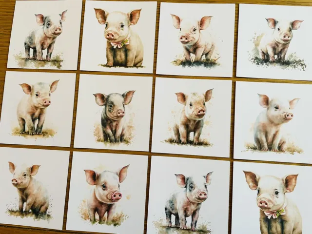6x Watercolour Piglet Card Toppers Card Making Birthday Mothers Day Farm Animal