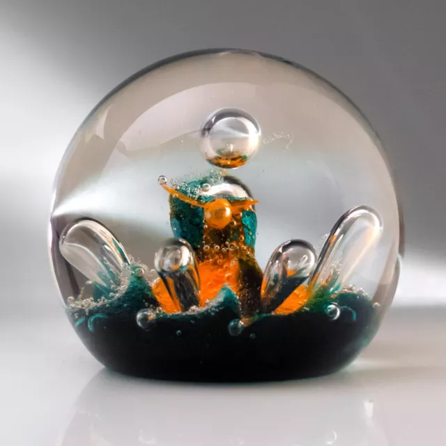 Art Glass Paperweight, Turquoise Green & Orange Lead Crystal