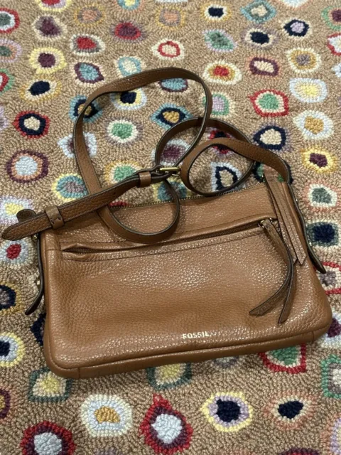 Fossil TESSA Crossbody MESSENGER BROWN COGNAC PEBLLED Leather EUC LN