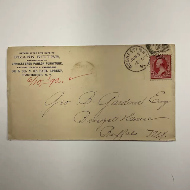 1892 Rochester to Buffalo, New York Frank Ritter Furniture Stamped Envelope