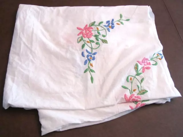 Vintage 1960's Handmade Embroidered Flowers Floral Linen Table Cloth 96 x 82