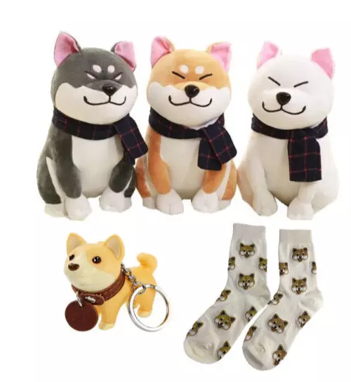 3 Item set Shiba Inu Japanese Dog Super Soft Plush stuffed animal Socks Keychain