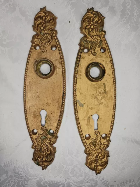 2 Antique Ornate Brass BACK PLATES Victorian Art Deco Repousse Romanesque Oval