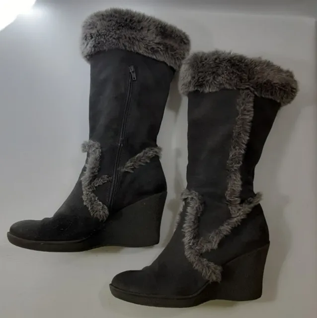 Ruff Hewn Denmark Size 8M Black Suede & Gray Faux Fur Knee High Wedge Heel Boots