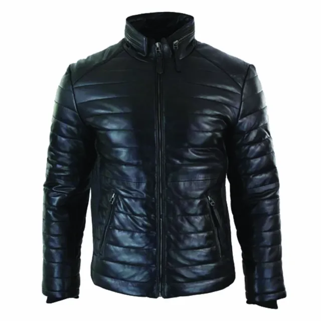 Men Genuine Lambskin Leather Puffer Classic Quilted Solid Moto Black Coat Jacket