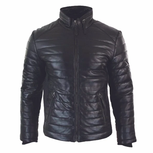 Men Genuine Lambskin Leather Puffer Classic Quilted Solid Moto Black Coat Jacket