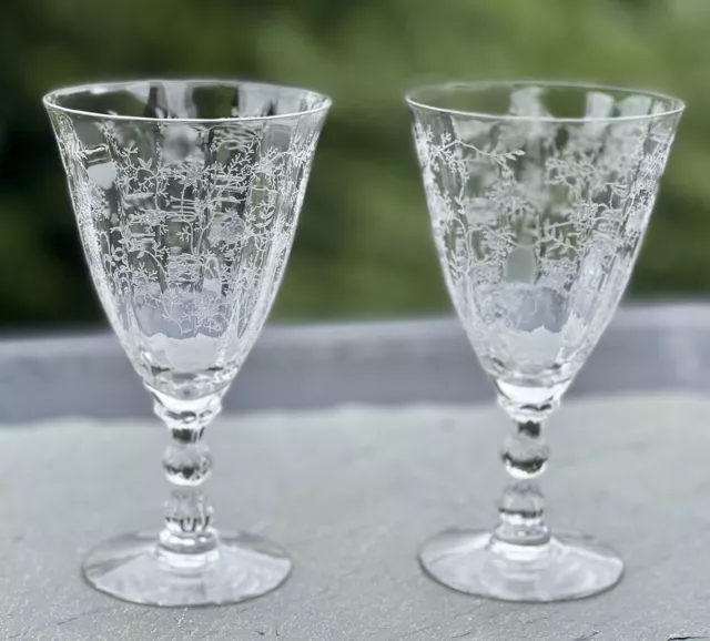 Pair Fostoria Chintz Etched Clear Baroque Elegant Glass Low Water / Wine Goblets