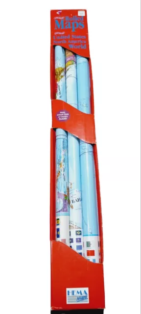Hema Laminated Rolled Maps Set Of 3 U.s. North America & World Maps With Flags
