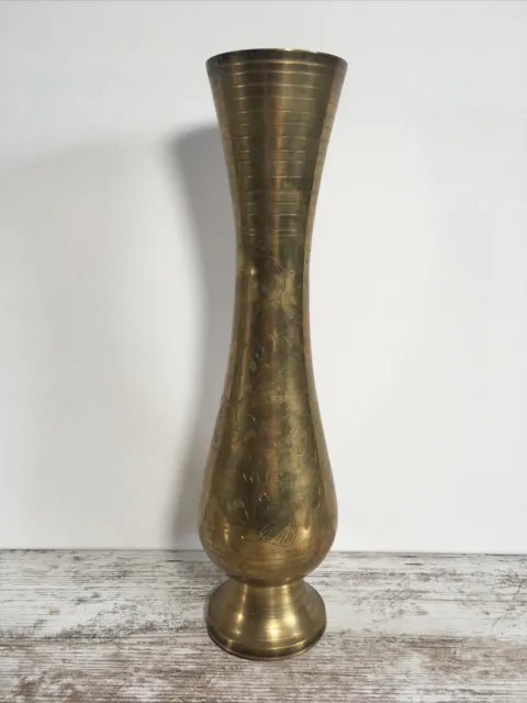 Vintage Brass Vase Etched Floral Design Tall 11.5”