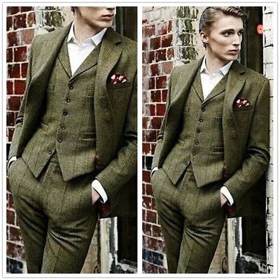Men's Olive Green Suits Check Plaid Vintage 3 Pieces Tweed Groom Tuxedos Suit
