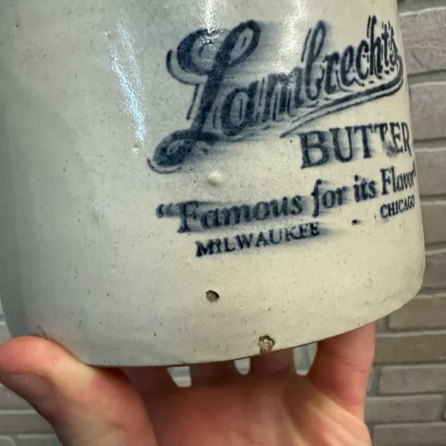 Vintage Lambrecht's Dairy Butter Stoneware Pottery Crock Chicago Milwaukee 3