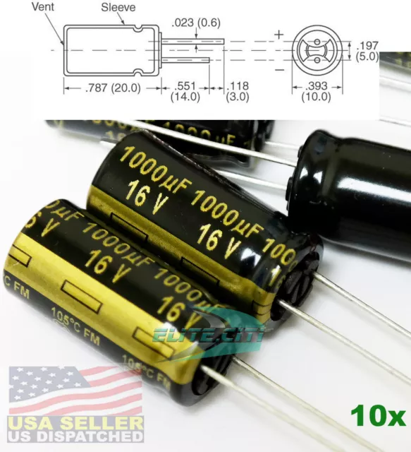 10x Panasonic FM 1000uF 16v Low-ESR radial capacitors 5000Hrs @ 105c 10x20 mm