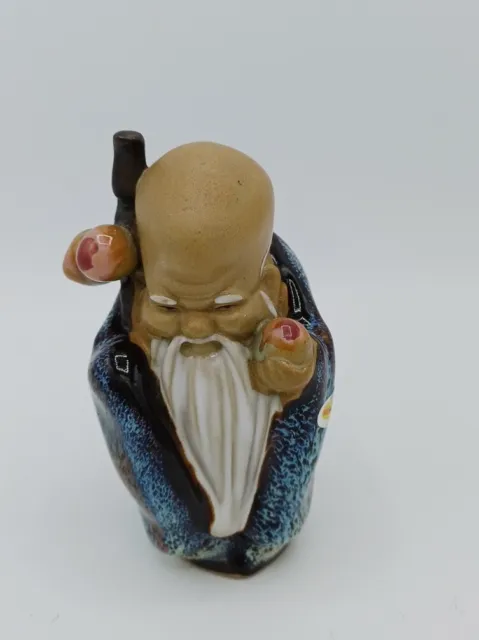 Vintage Chinese Mudman God of Longevity Deity Figurine Shou Lao Blue Robes