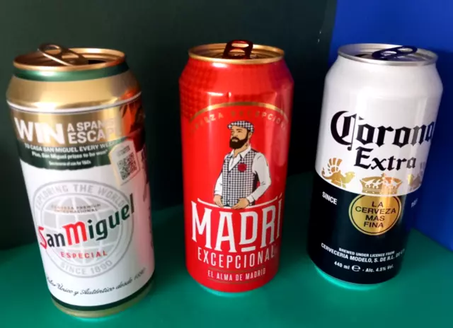 SET x 3 EMPTY 440ml SPAIN BELGIUM BEER CANS MADRI, SAN MIGUEL, CORONA EXTRA