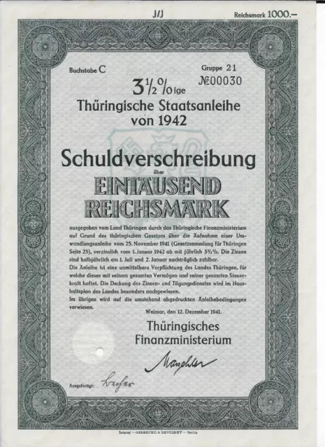 Germany,Nazi 1,000 Reichsmark 1942 Unc Nazi,State Of Thuringia,Germany Bon