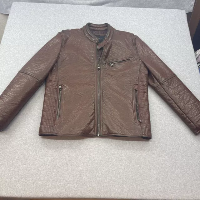 Marc New York Andrew Marc Faux Leather Moto Jacket Mens Large Dark Brown VINTAGE