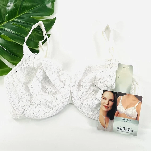 VTG VANITY FAIR Daisy Lace Bra Size 36D 75080 Solid White Underwire