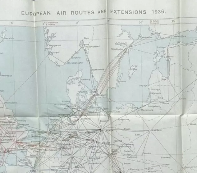 European Air Routes & Extensions 1936 Large Vintage Aviation Airline Map