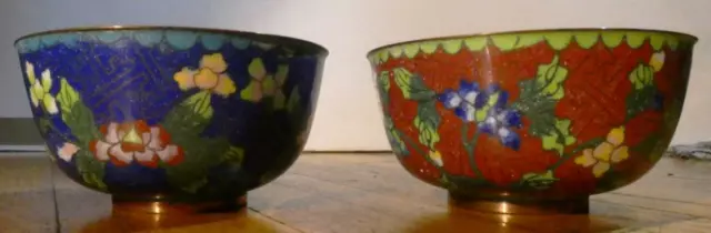 2 Vintage Chinese Cloisonne Enamel & Brass/Copper Floral Rice Bowls