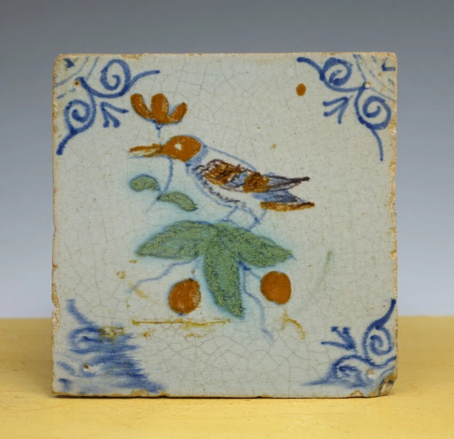 Antique Dutch Delft Maiolica Tile Bird + Fruit Circa 1625
