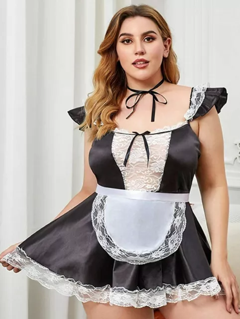 8858 Costume Divisa Nera da Cameriera Maid Scollatura Pizzo Ricamato Bianco XL